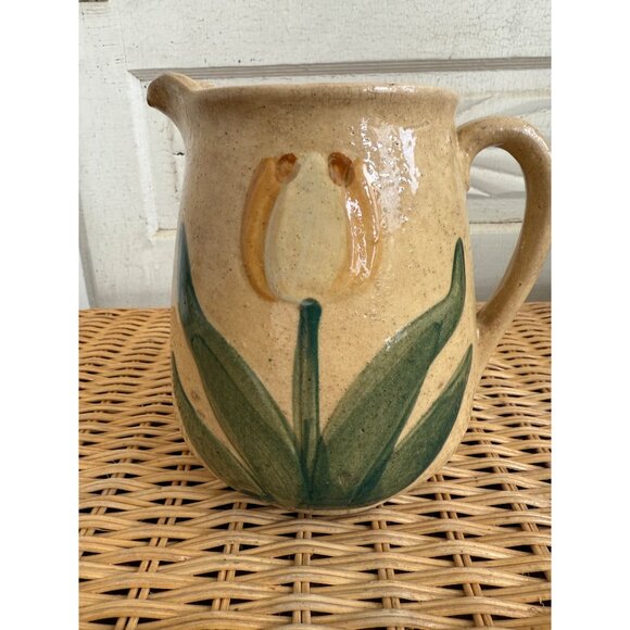 Antique 1910s Stoneware Milk Water Pitcher Yellow Tulips Farmhouse Primitive - Picture 1 of 15